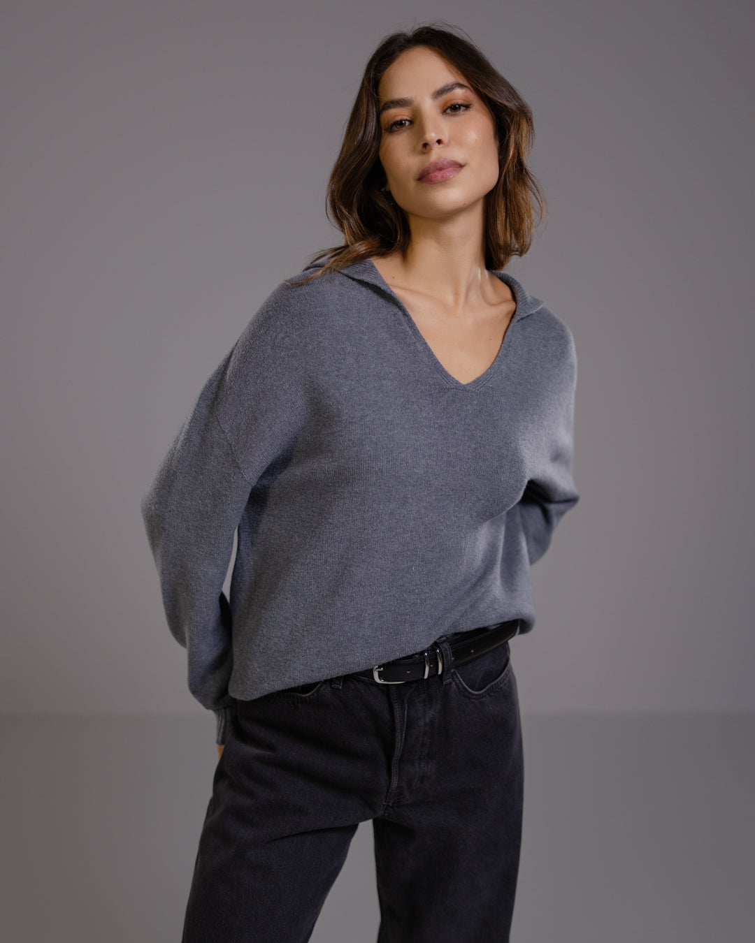 Celeste | Dark Grey Open Collar Sweater for Women in Ultra-Soft Viscose Blend 0