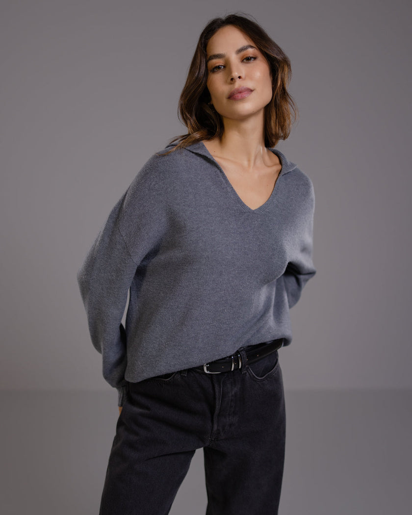 Celeste | Dark Grey Open Collar Sweater for Women in Ultra-Soft Viscose Blend 0