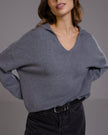 Celeste | Dark Grey Open Collar Sweater for Women in Ultra-Soft Viscose Blend 1
