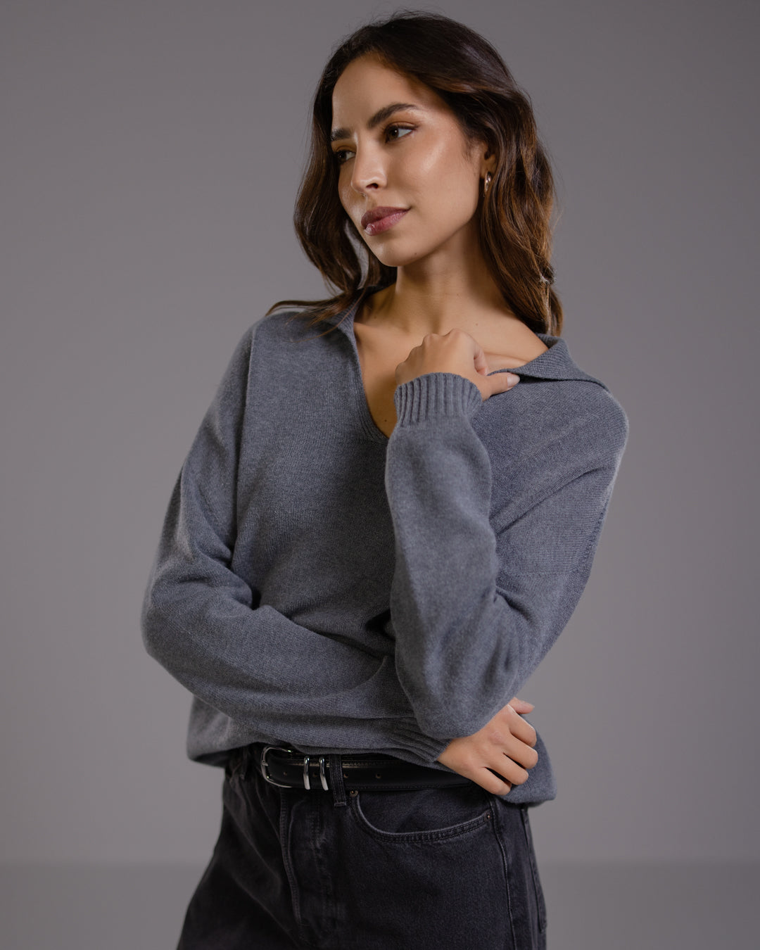 Celeste | Dark Grey Open Collar Sweater for Women in Ultra-Soft Viscose Blend 2
