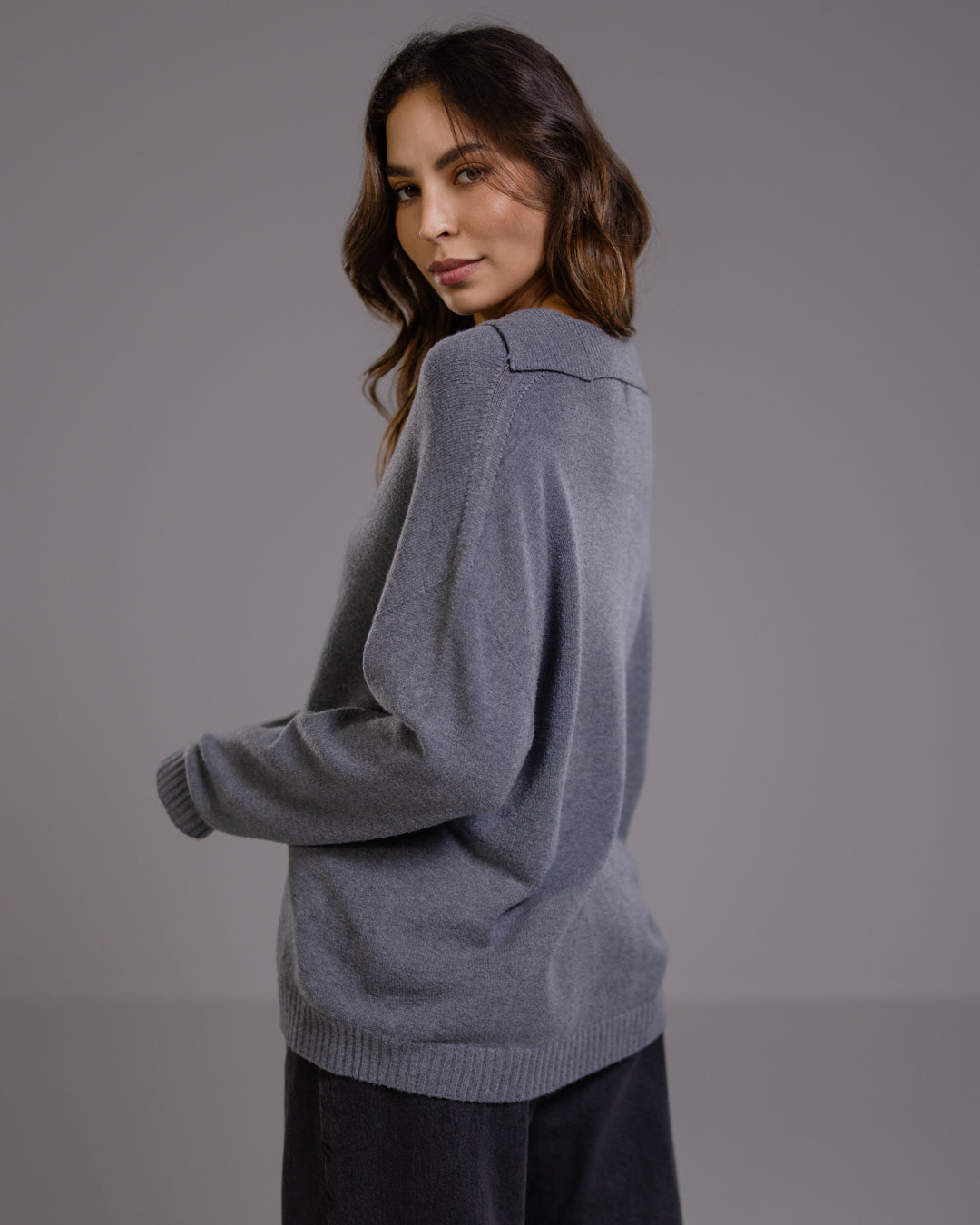 Celeste | Dark Grey Open Collar Sweater for Women in Ultra-Soft Viscose Blend 4