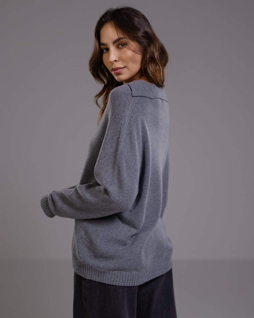 Celeste | Dark Grey Open Collar Sweater for Women in Ultra-Soft Viscose Blend 4