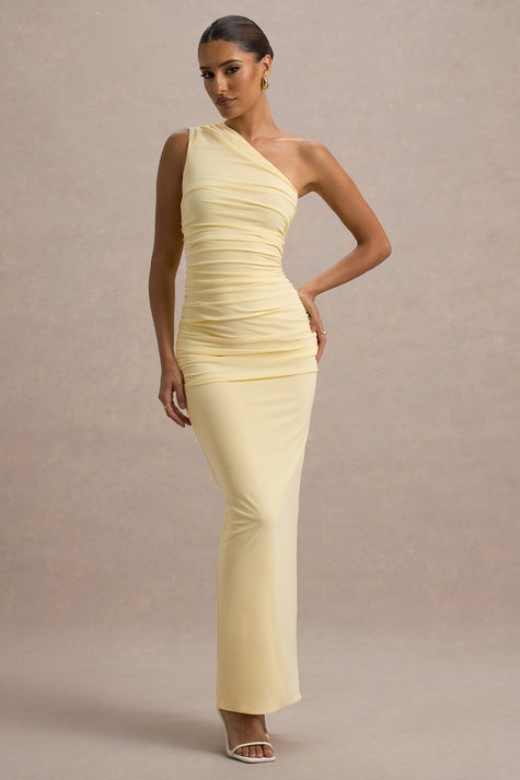Dalarie | Maxi Dress with Asymmetrical Neckline & Full Body Gathering | Elegant Pale Yellow Dress for Effortless Style 0