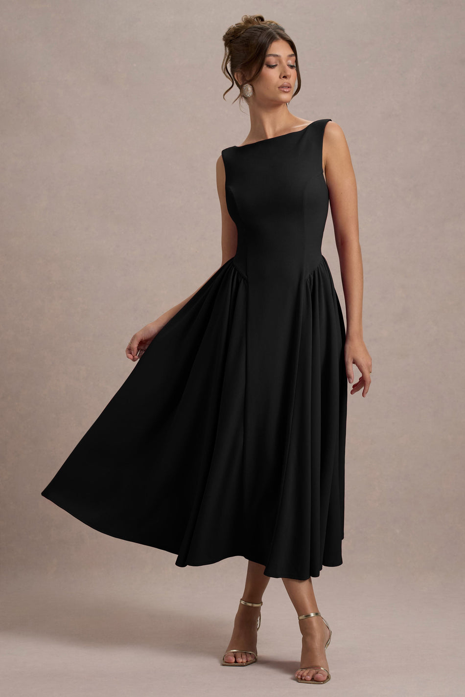 Elegant Midi Dress | Black Scuba Crepe with Voluminous Hem for Special Occasions 0