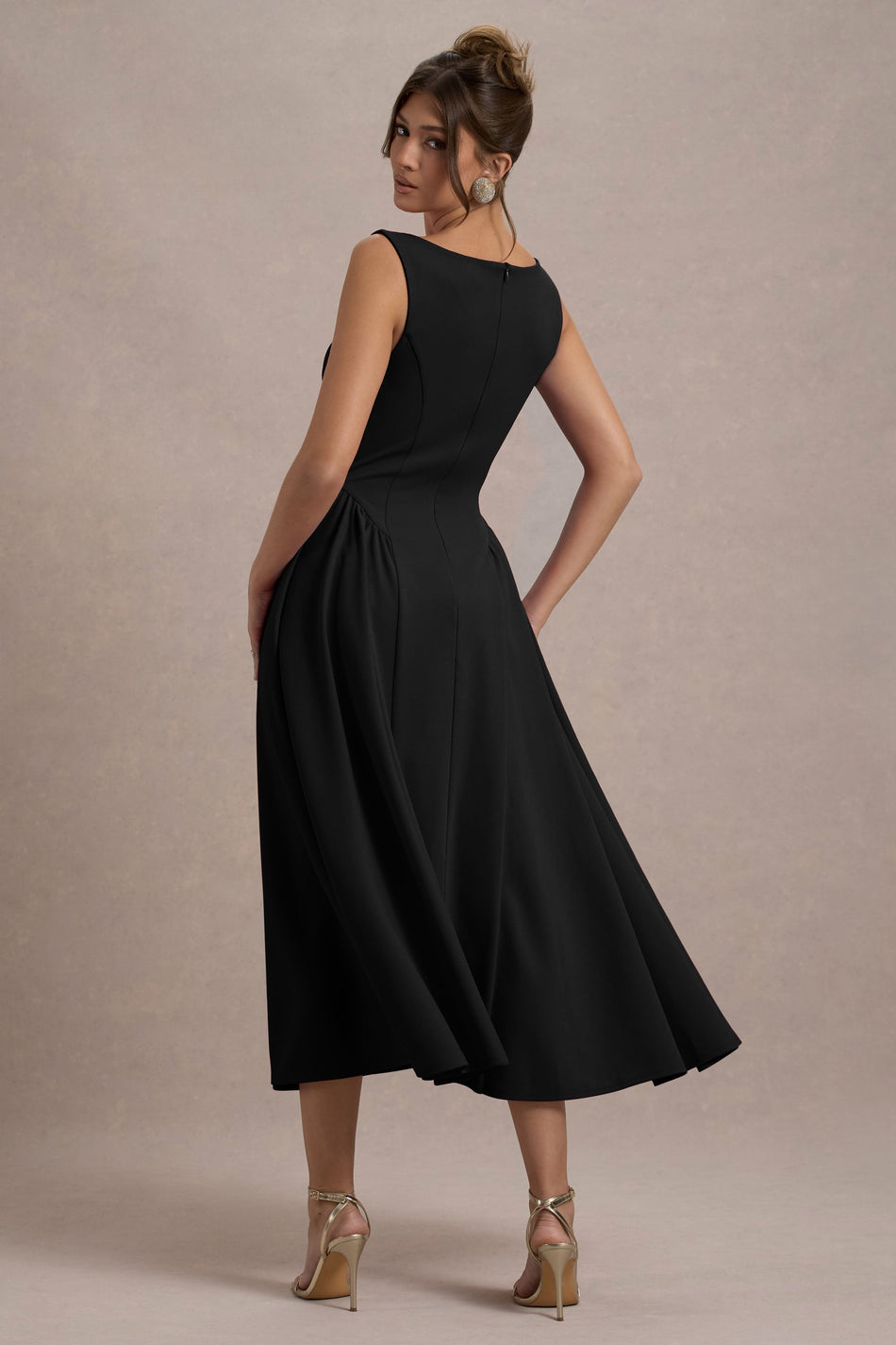Elegant Midi Dress | Black Scuba Crepe with Voluminous Hem for Special Occasions 1