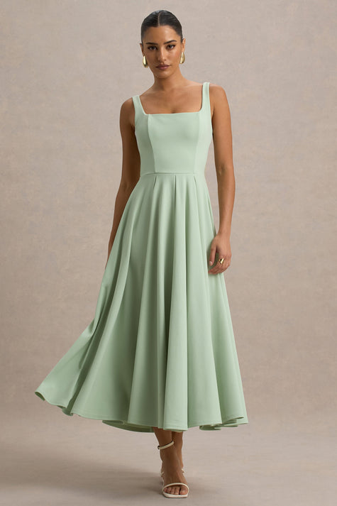 Elegant Midi Dress | Light Green Scuba Crepe with Pleated Skirt | Stylish and Comfortable for Any Occasion 0