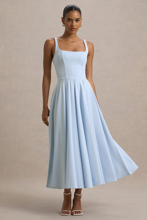Elegant Midi Dresses for Women in Powder Blue Scuba Crepe with Flattering Square Neckline for Effortless Style 0