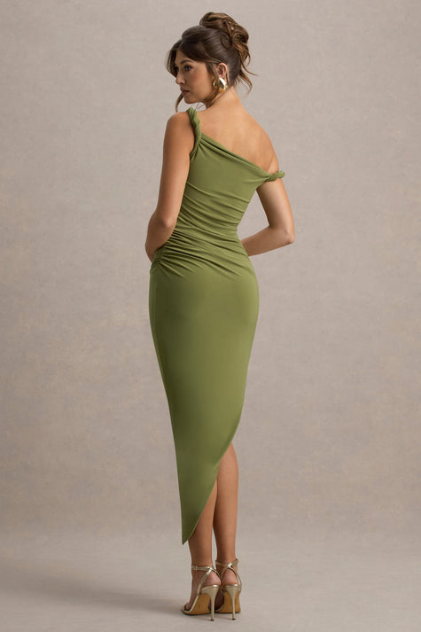 Elegant Olive Green Midi Dress | Twisted Neckline & Asymmetrical Hem for Versatile Styling 1