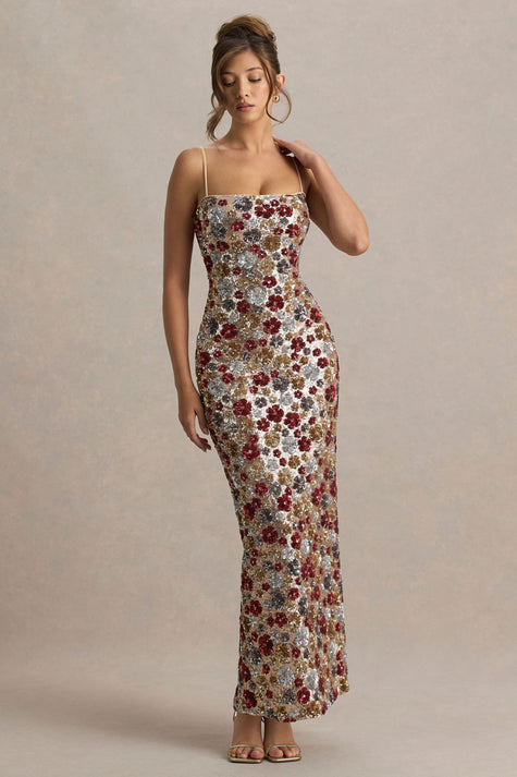Floral Maxi Dress | Elegant Sequin Design with Square Neckline | Perfect for Garden Parties 0