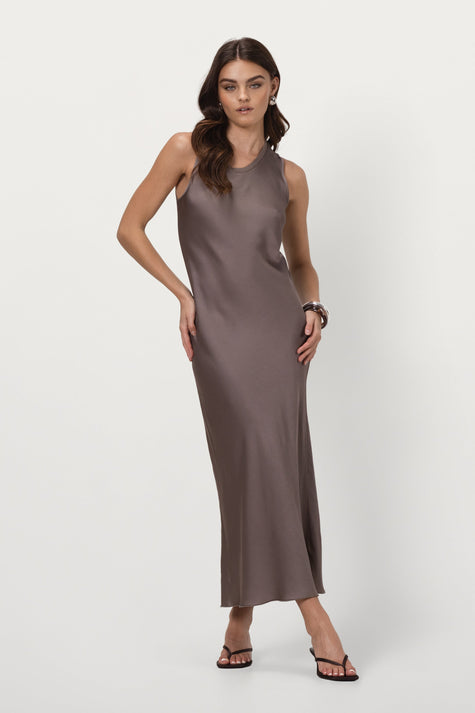 Mink Satin Sleeveless Dress for Women | Elegant Wedding Guest and Formal Dresses 0