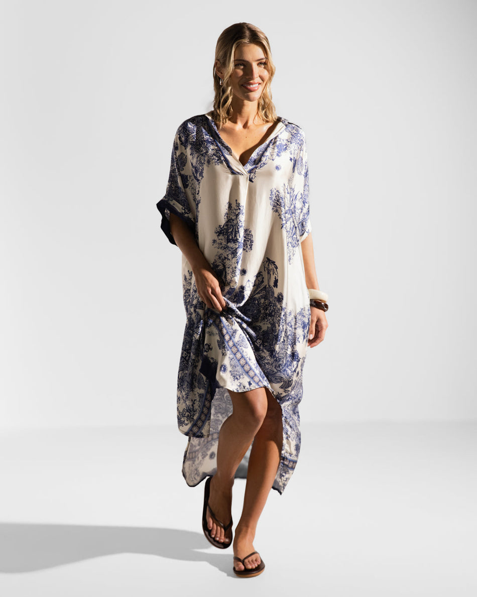 Navy Silk Kaftan Dress for Women | Elegant Beach Caftan with Pockets, Made in Italy 0