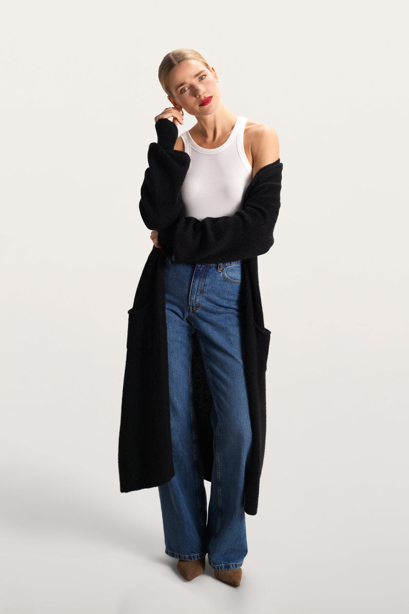 Yasmin | Black Long Cardigan Sweater in Soft Alpaca Blend with Balloon Sleeves and Pockets 1