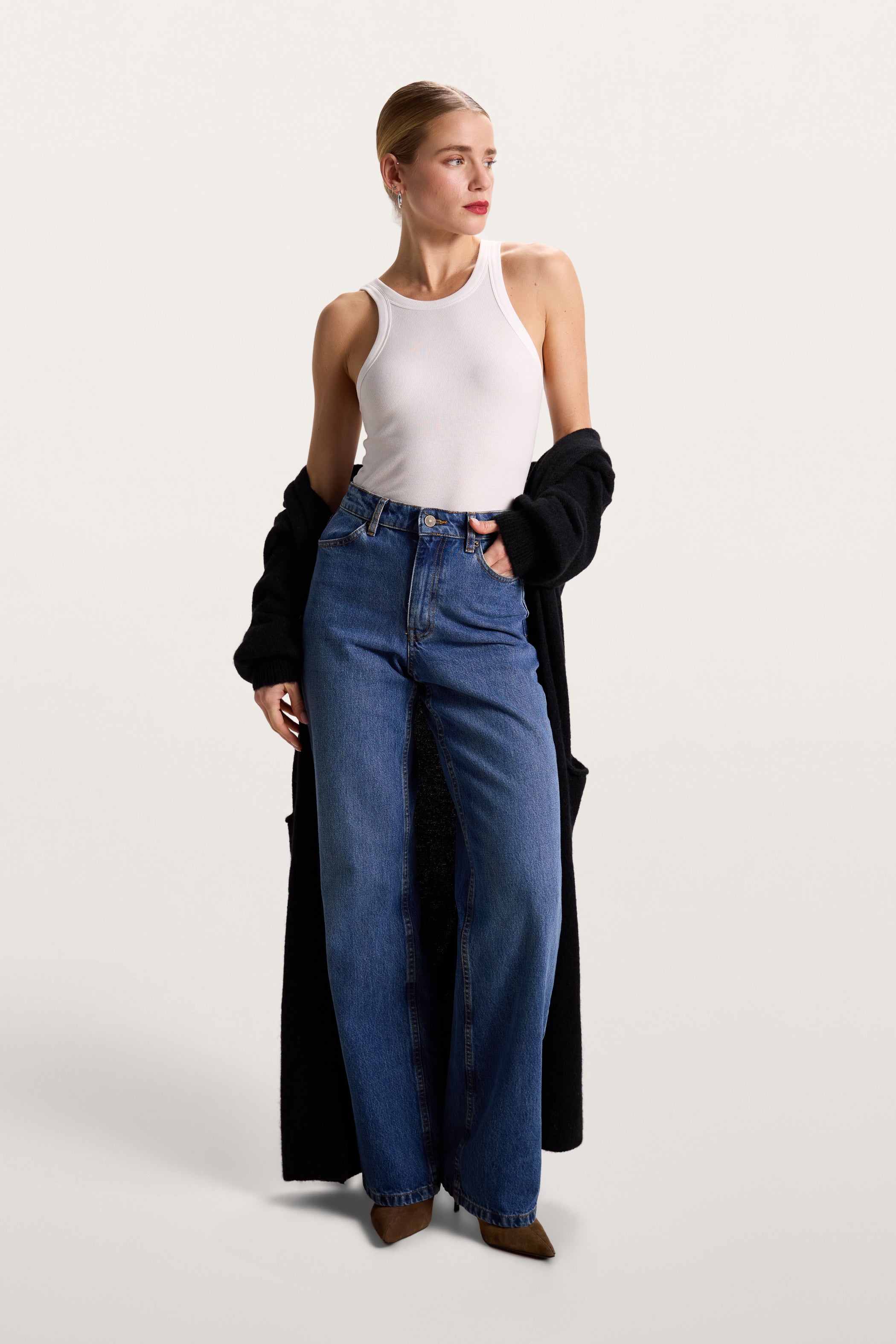 Yasmin | Black Long Cardigan Sweater in Soft Alpaca Blend with Balloon Sleeves and Pockets 5